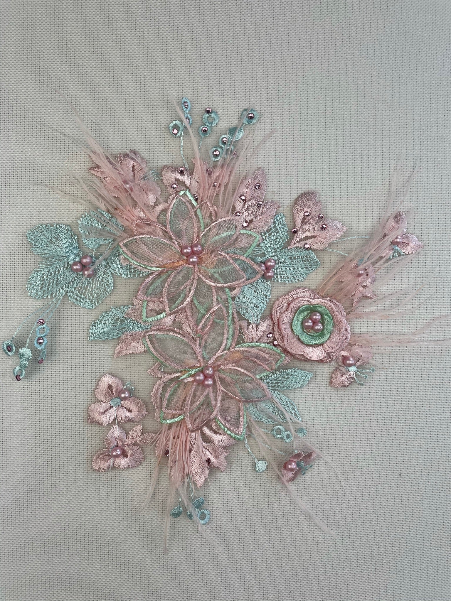 LA - 2111: 3D lace applique with Organza, Pearls, Sequins & Feathers Light Blue & Pink - Aleemahs