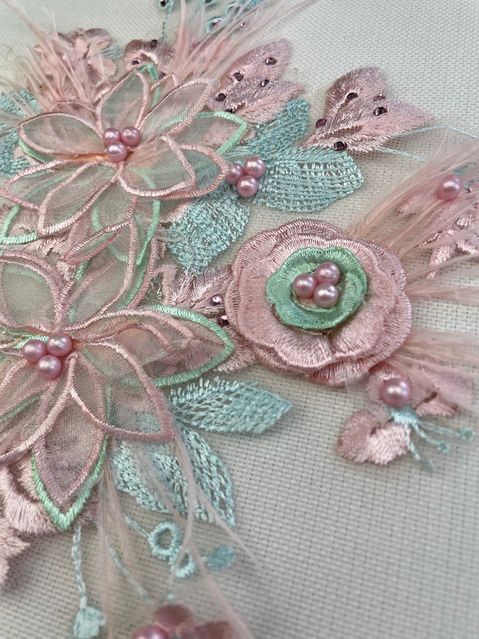LA - 2111: 3D lace applique with Organza, Pearls, Sequins & Feathers Light Blue & Pink - Aleemahs