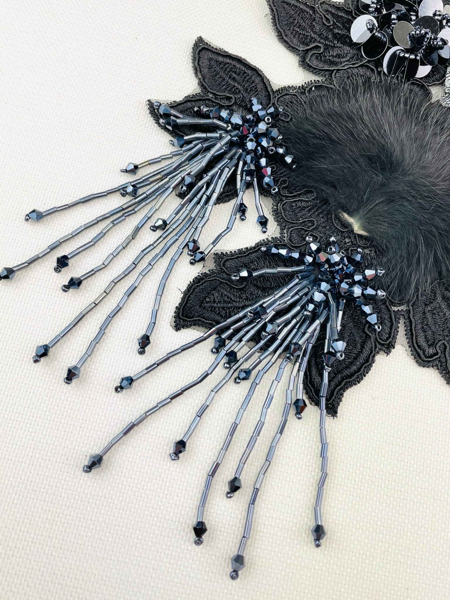 LA - 409: Lace Applique 3D Black with Grey Flowers and Bugle Beads - Aleemahs