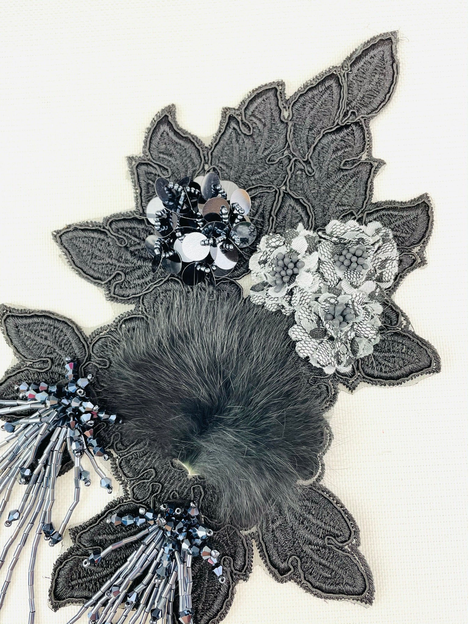 LA - 409: Lace Applique 3D Black with Grey Flowers and Bugle Beads - Aleemahs
