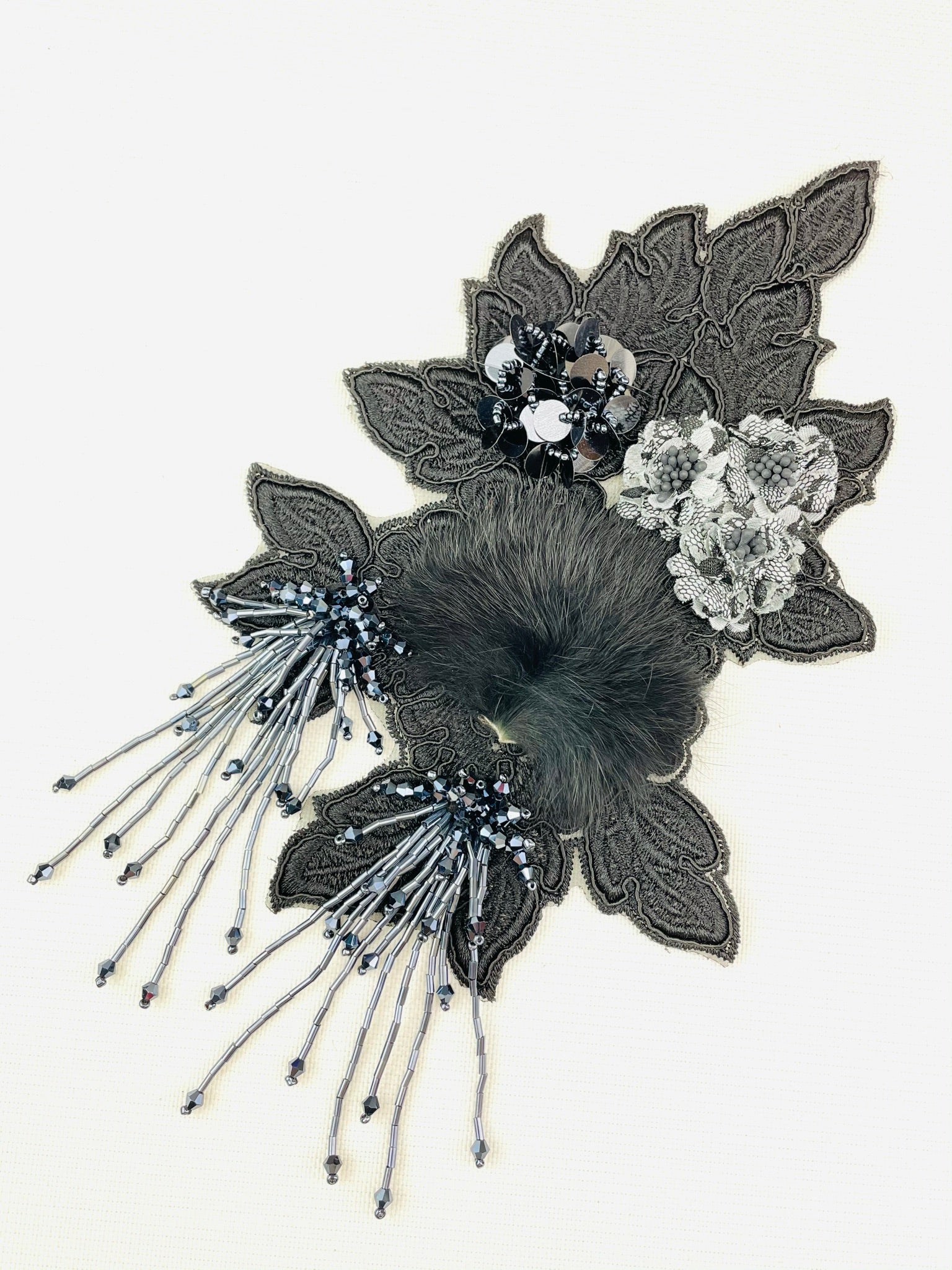 LA - 409: Lace Applique 3D Black with Grey Flowers and Bugle Beads - Aleemahs