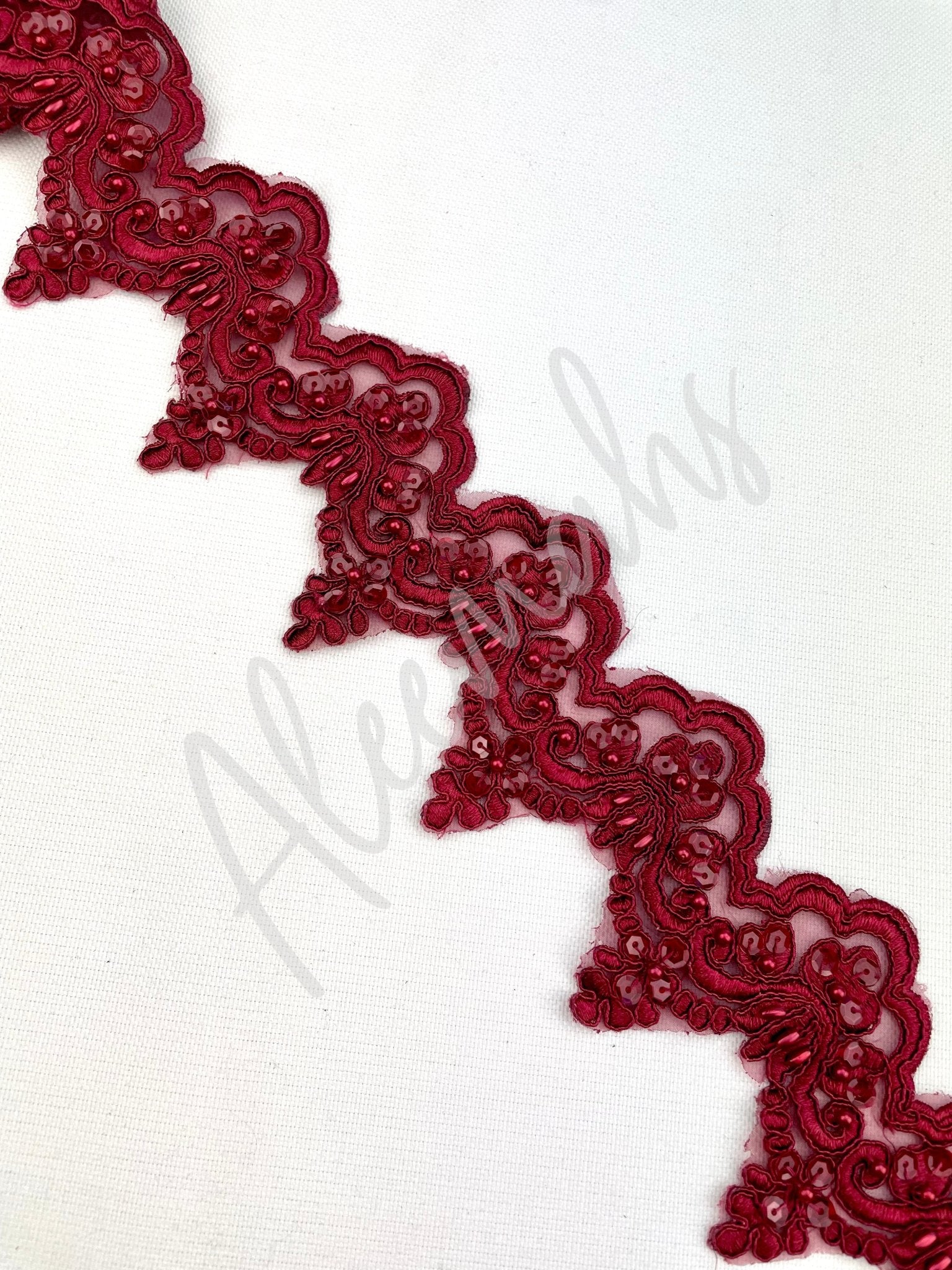 LT - 014: Sequin and bead lace trim Dark Red - Aleemahs