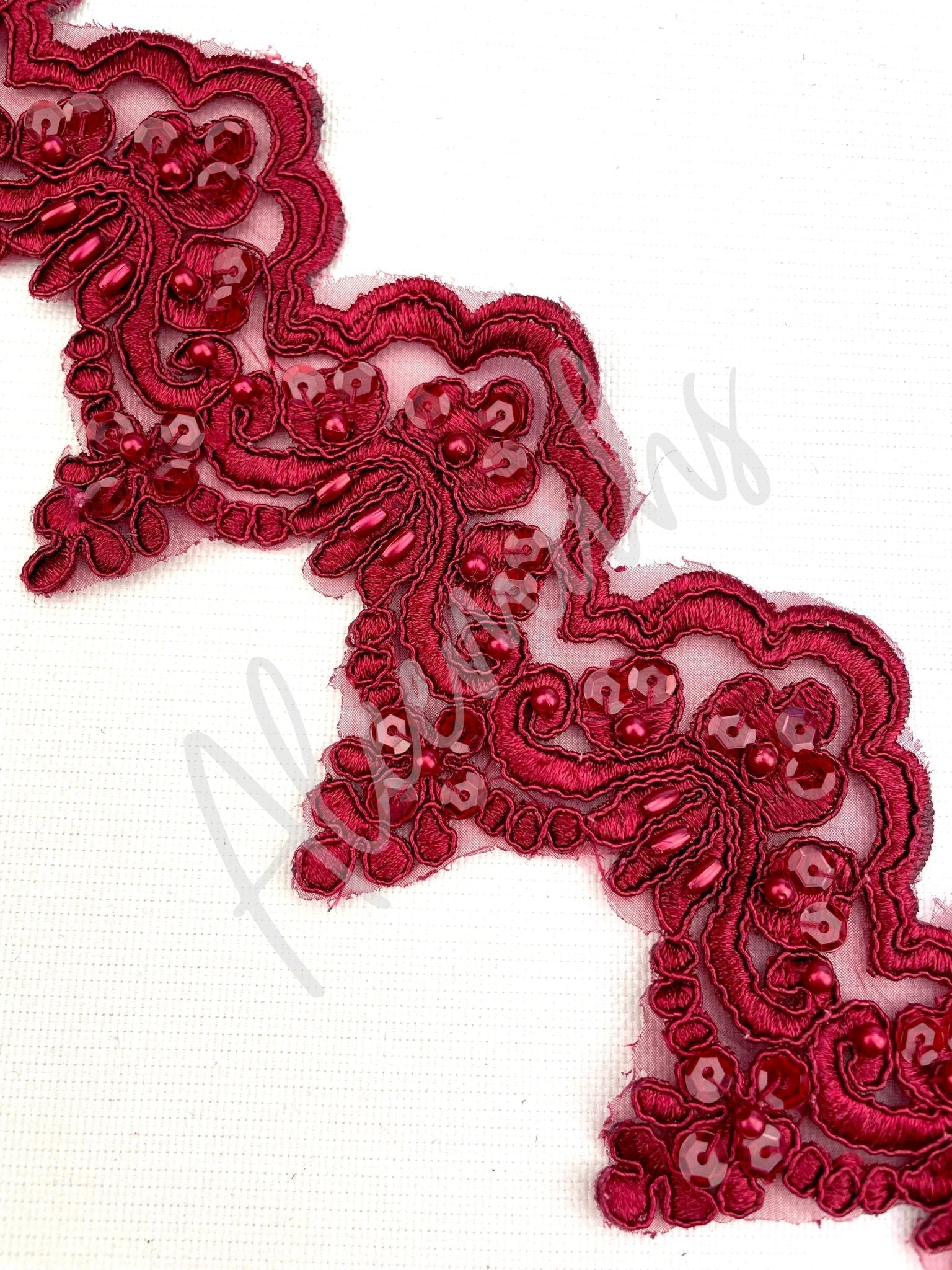 LT - 014: Sequin and bead lace trim Dark Red - Aleemahs