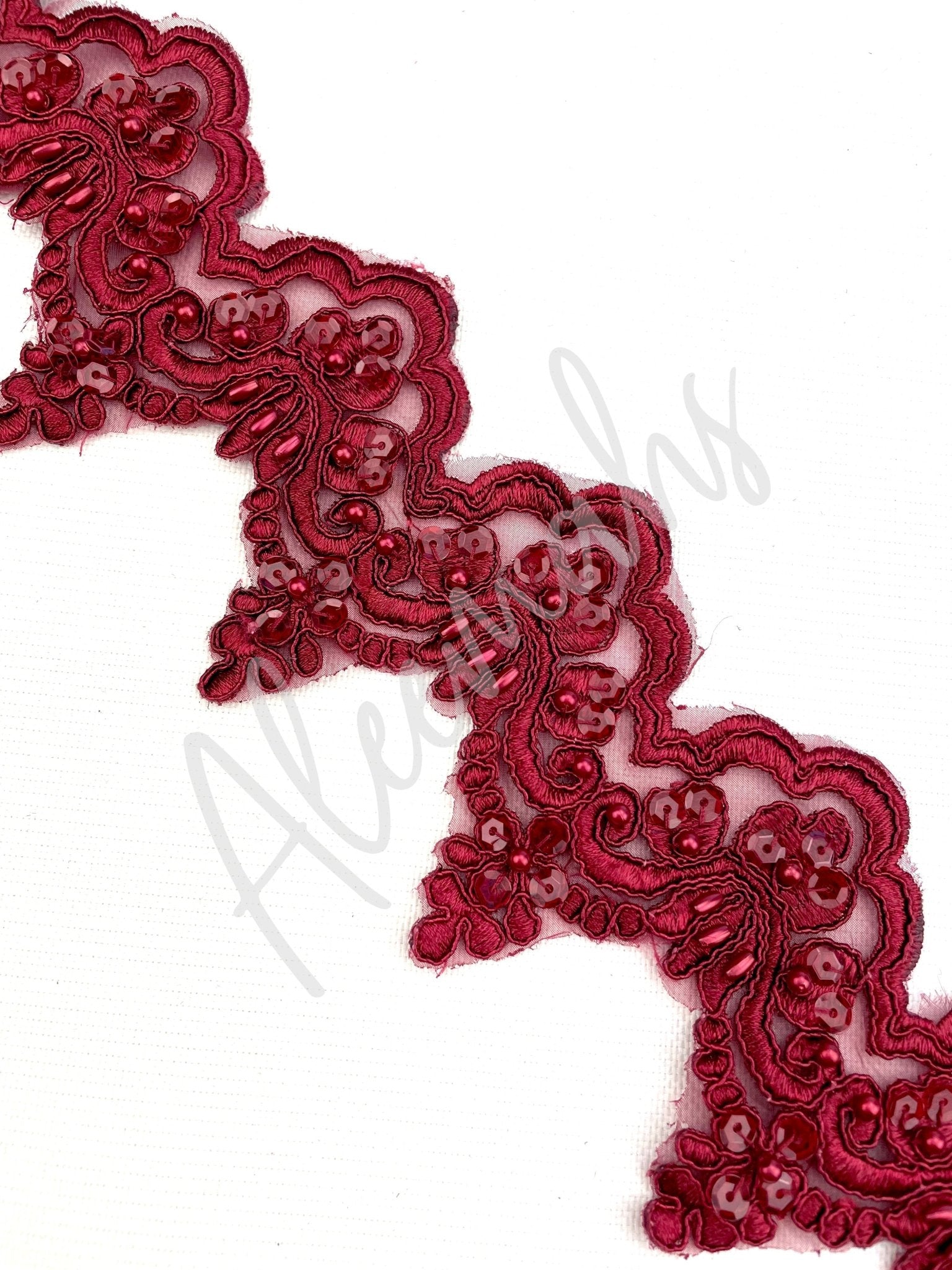 LT - 014: Sequin and bead lace trim Dark Red - Aleemahs
