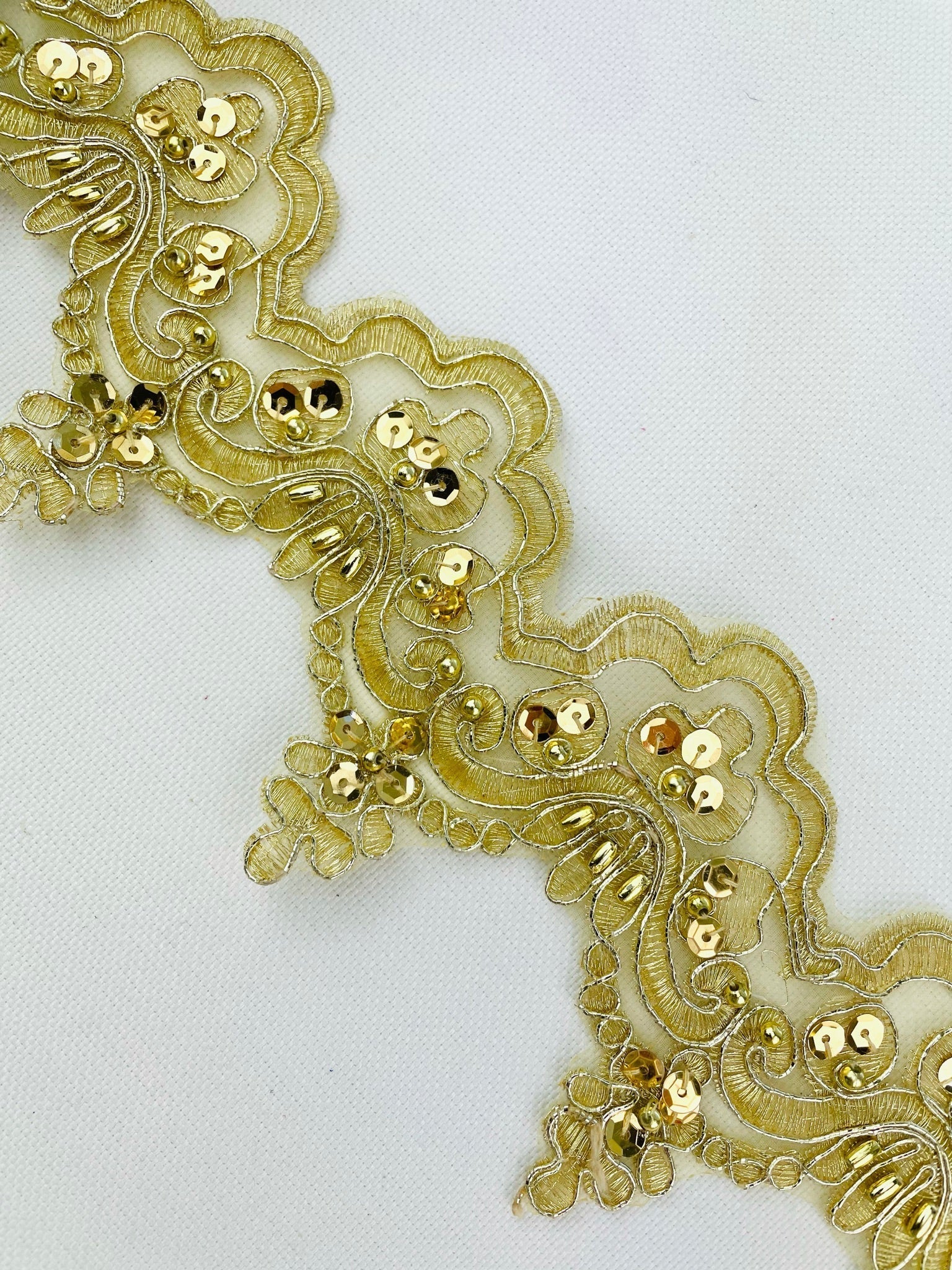 LT - 014: Sequin and bead lace trim Gold - Aleemahs