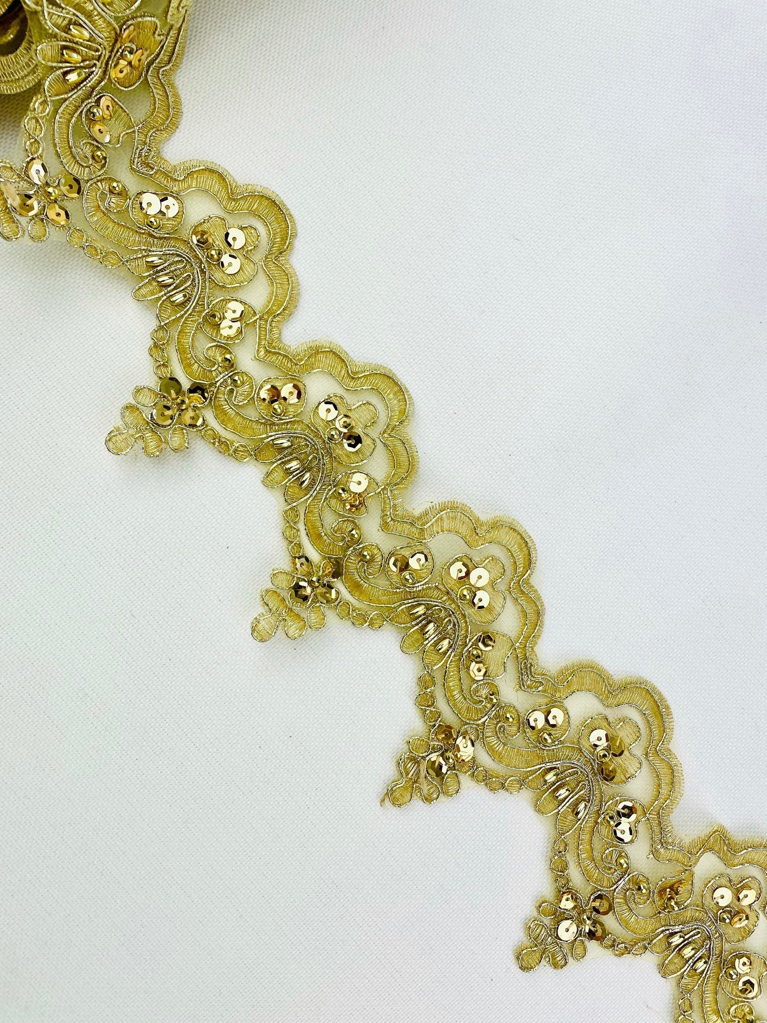 LT - 014: Sequin and bead lace trim Gold - Aleemahs