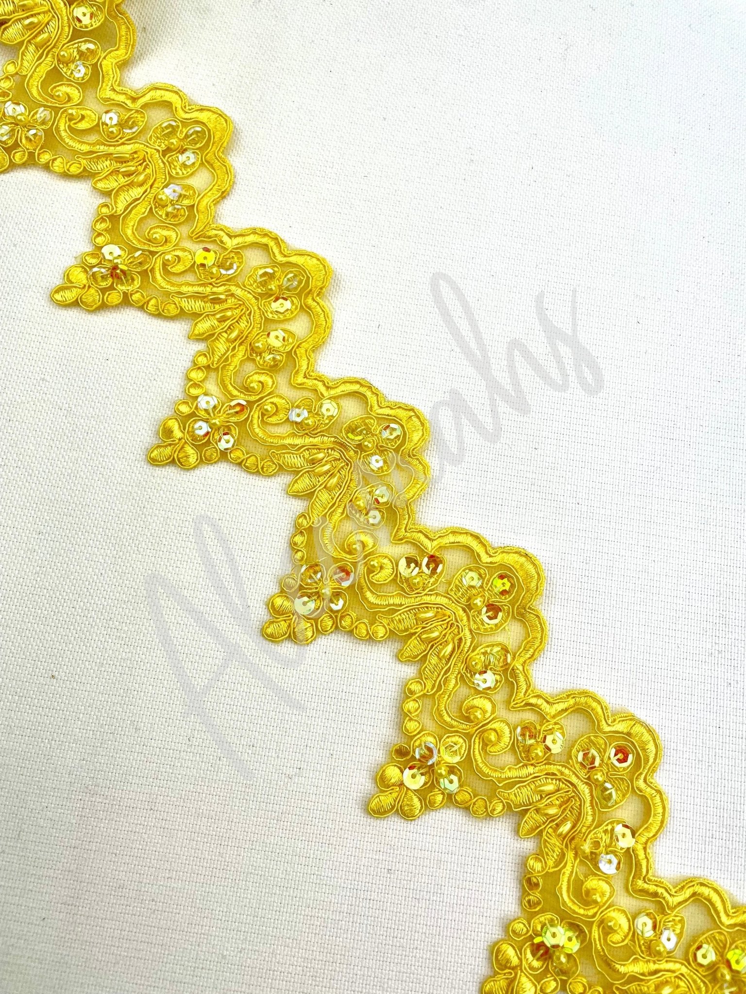 LT - 014: Sequin and bead lace trim Golden Yellow - Aleemahs