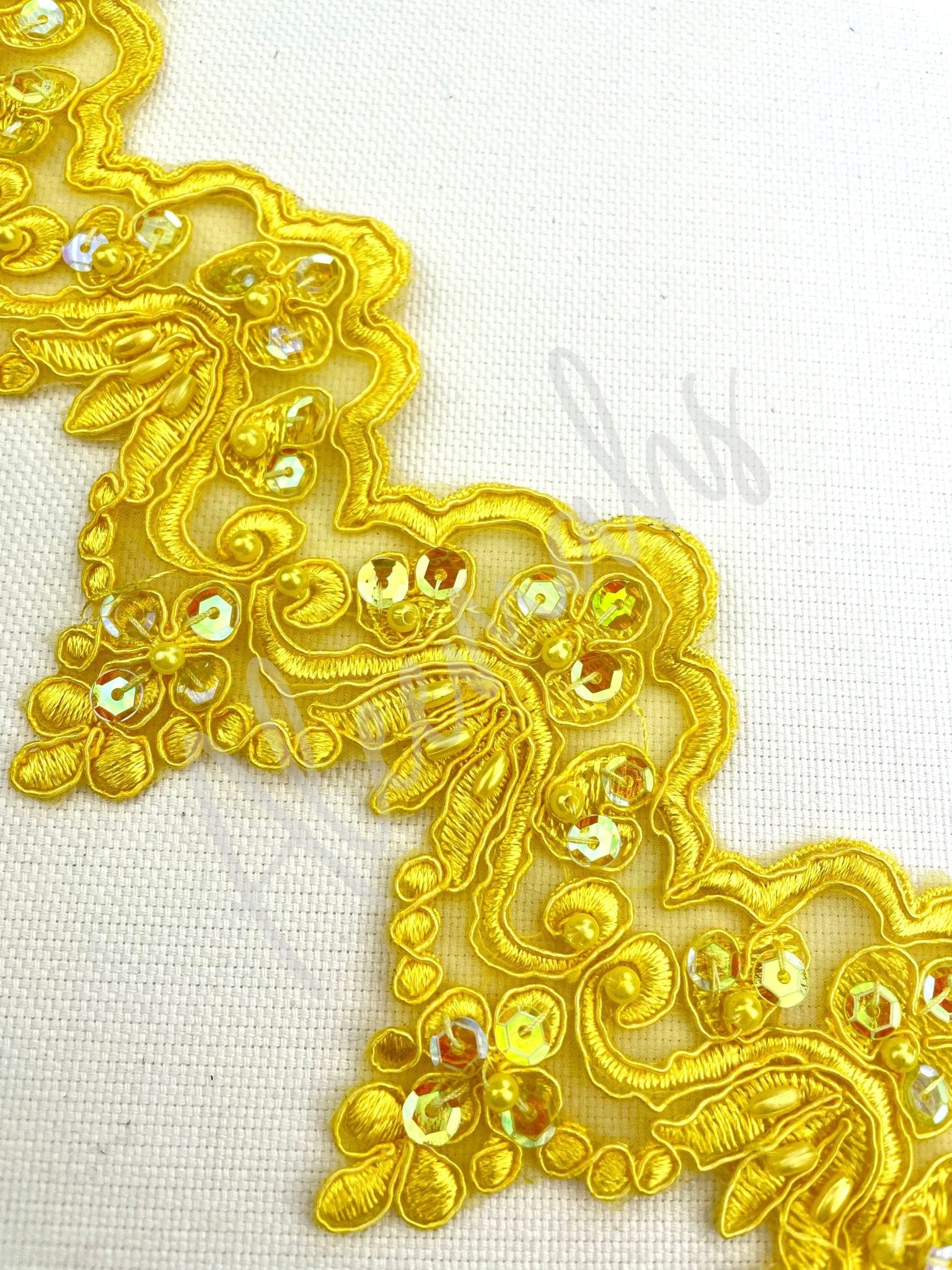 LT - 014: Sequin and bead lace trim Golden Yellow - Aleemahs