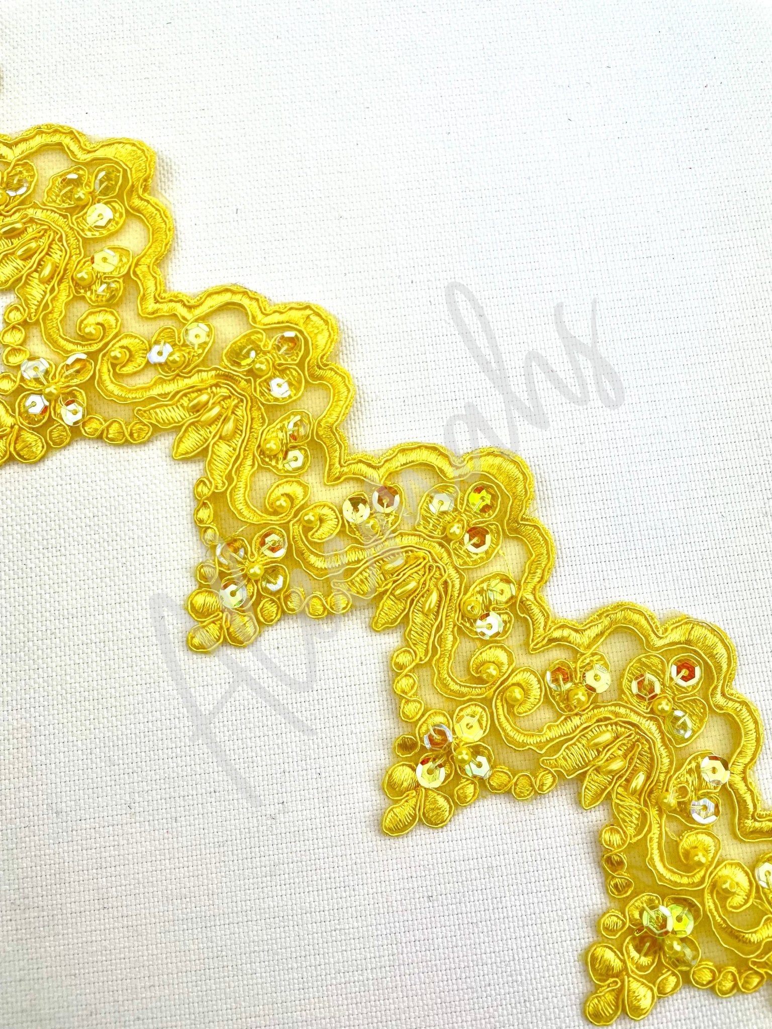 LT - 014: Sequin and bead lace trim Golden Yellow - Aleemahs