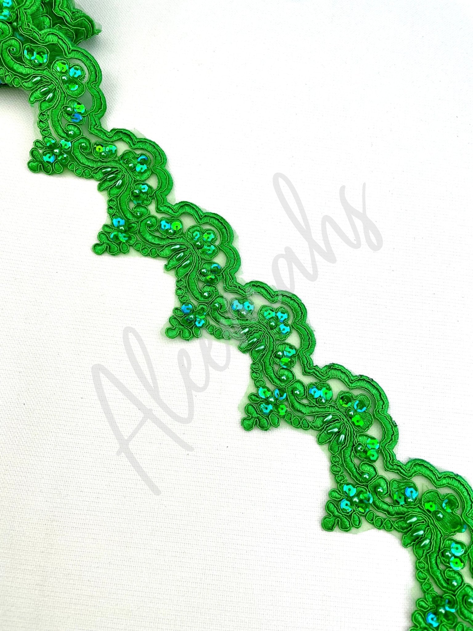 LT - 014: Sequin and bead lace trim Green - Aleemahs