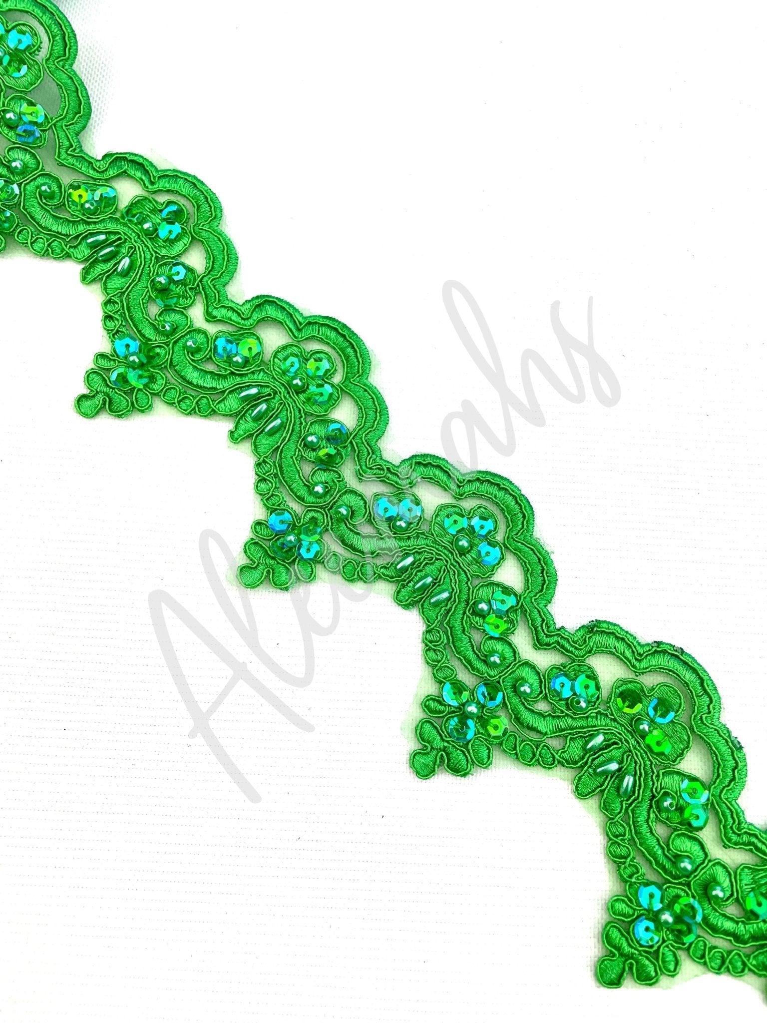 LT - 014: Sequin and bead lace trim Green - Aleemahs