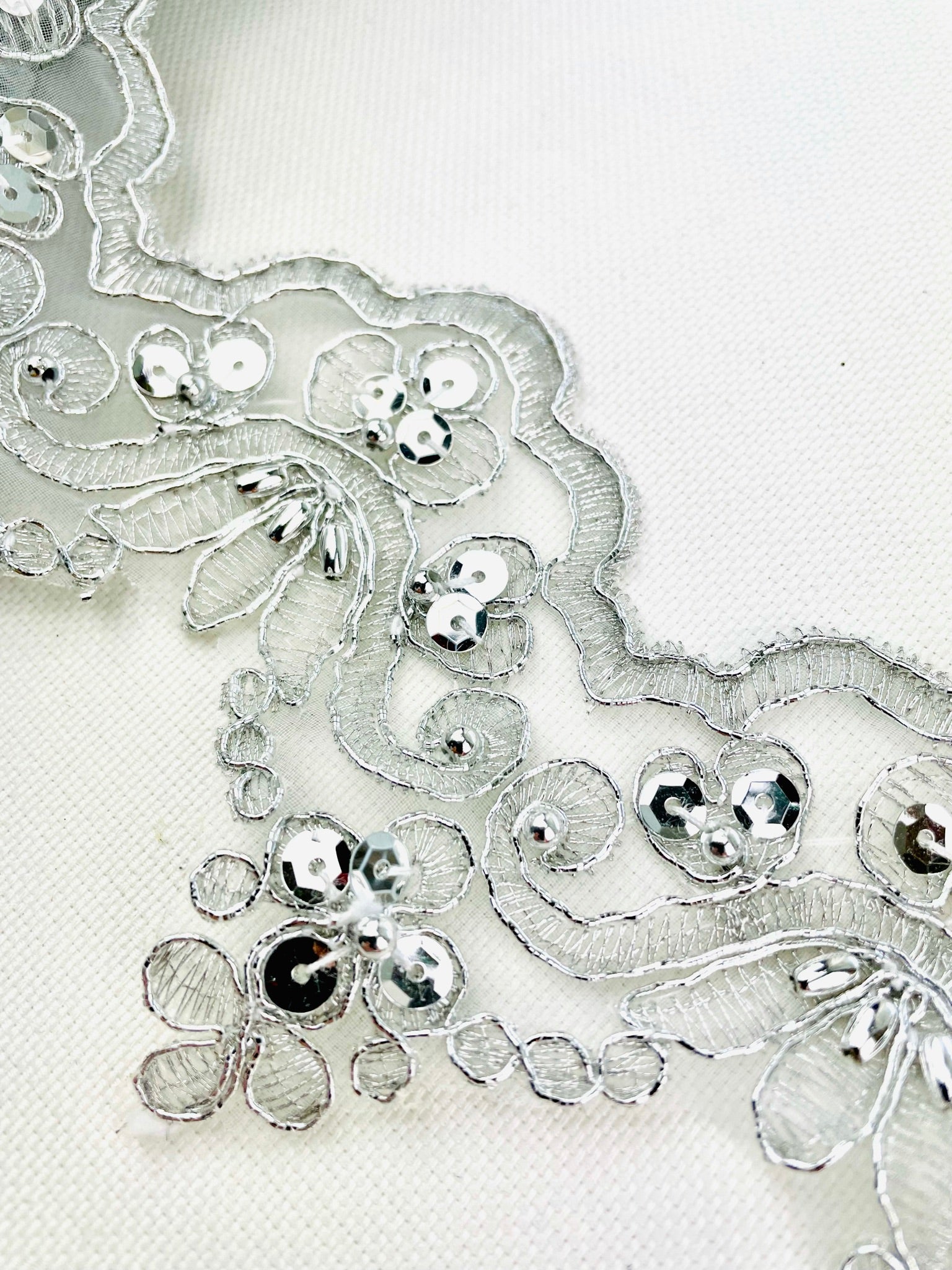 LT - 014: Sequin and bead lace trim Silver - Aleemahs