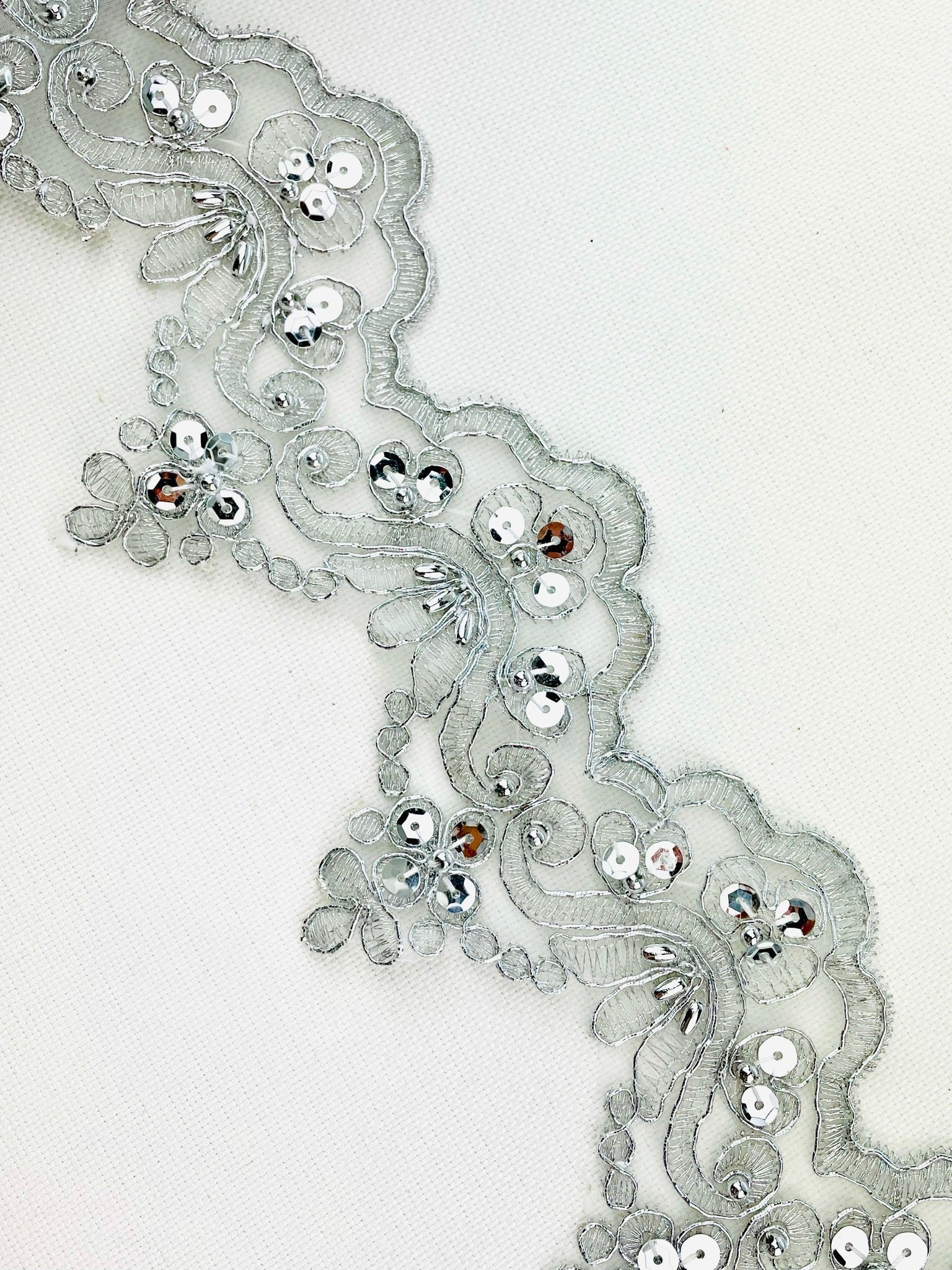 LT - 014: Sequin and bead lace trim Silver - Aleemahs