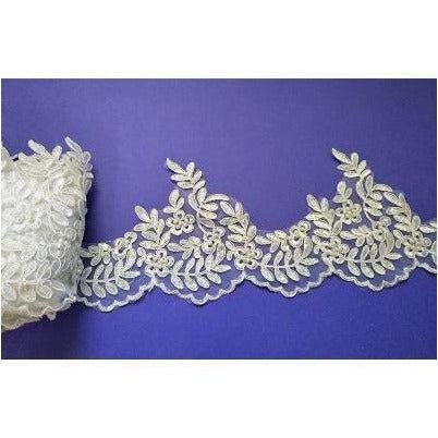 LT - 019: Ivory sequin and bead leaf lace trim. - Aleemahs