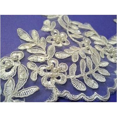 LT - 019: Ivory sequin and bead leaf lace trim. - Aleemahs