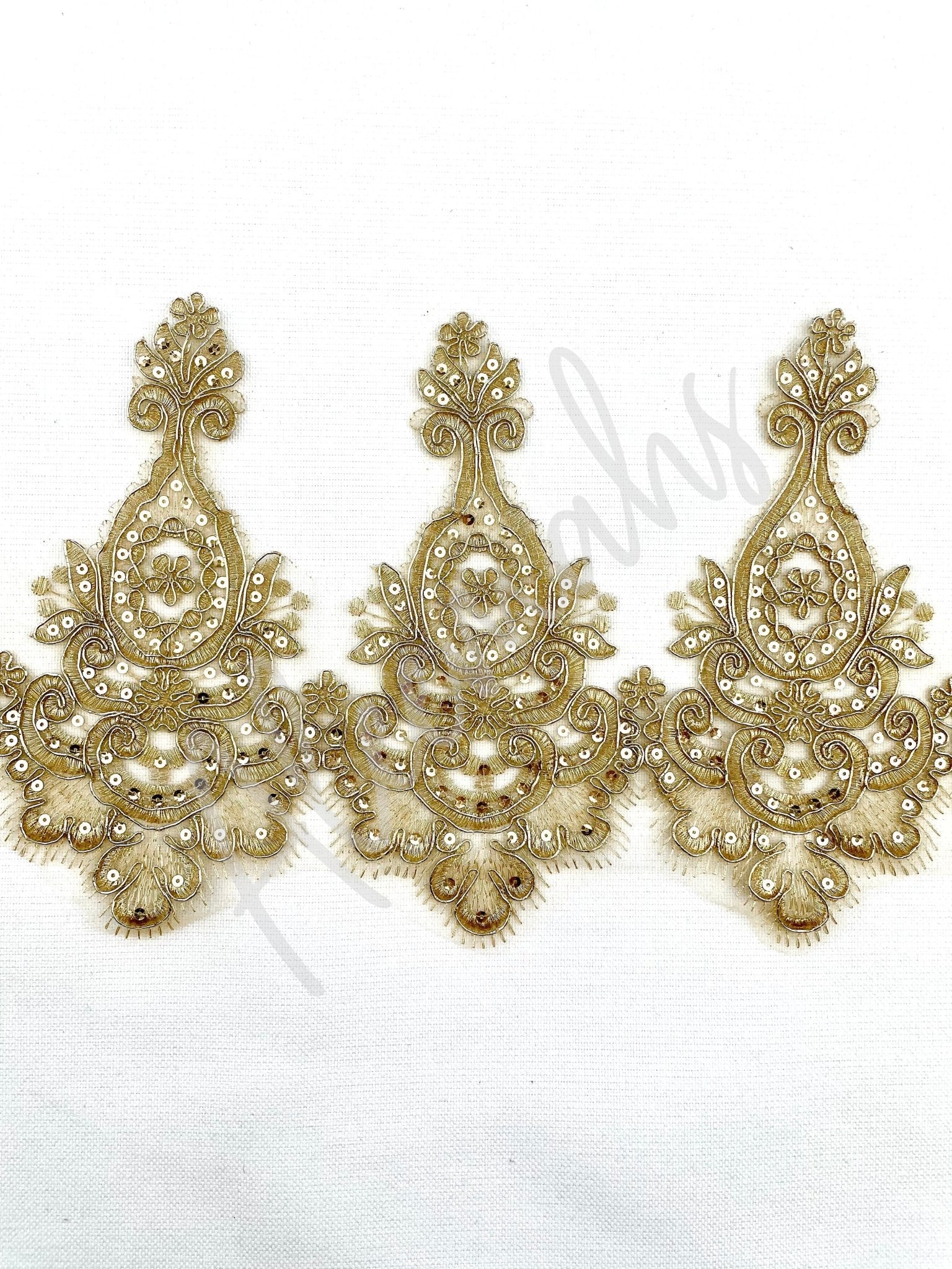 LT - 030: Gold sequined lace trim. - Aleemahs