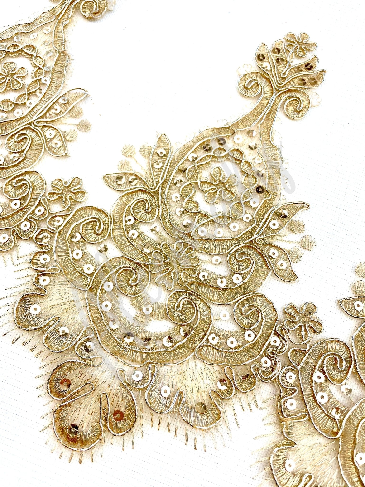 LT - 030: Gold sequined lace trim. - Aleemahs