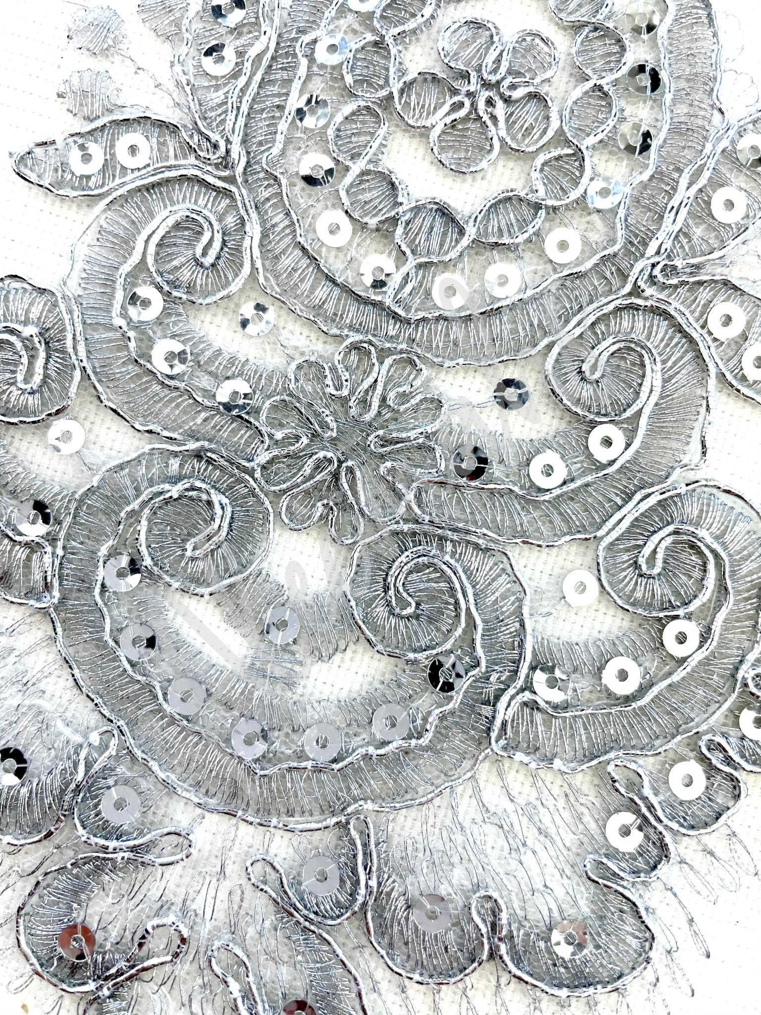 LT - 030: Silver sequined lace trim. - Aleemahs