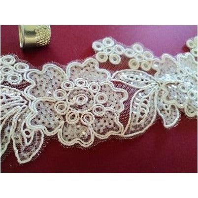 LT - 033: Off white sequin floral trim with crystal sequin - Aleemahs
