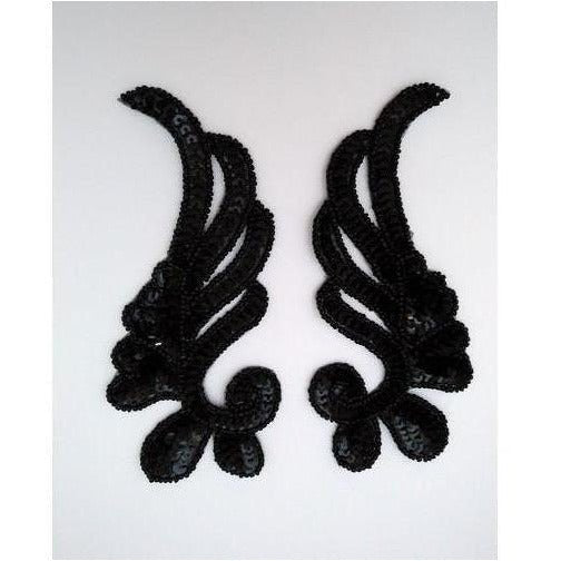 P - 005: Black Sequin Angel Wing Applique Pair - Aleemahs