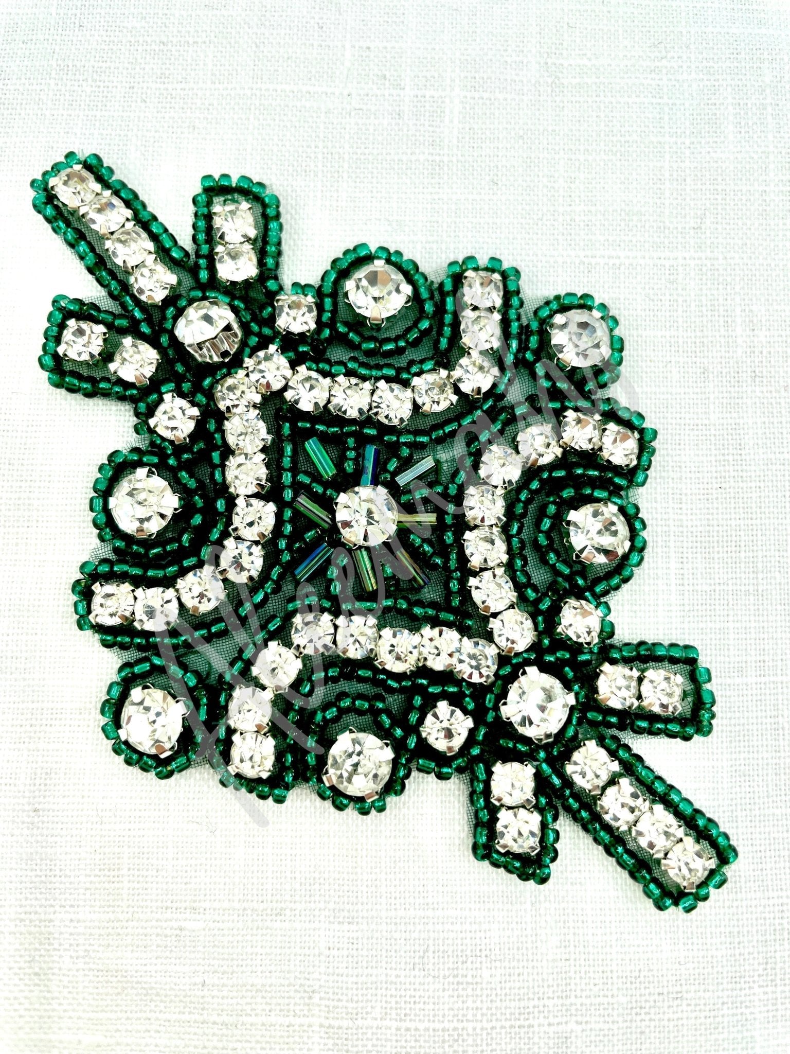 R - 145 Green bead with crystal rhinestone applique - Aleemahs