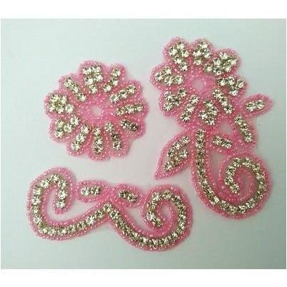 R - 146: Pink bead and rhinestone flower applique - Aleemahs