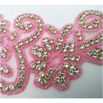 R - 146: Pink bead and rhinestone flower applique - Aleemahs
